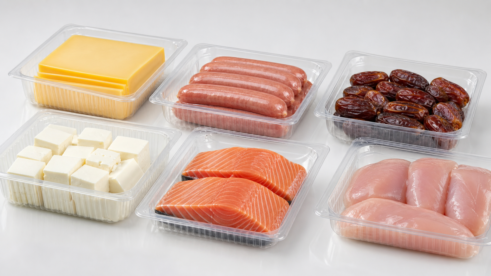 Flexible coextruded thermoforming film packs for dairy, meat, seafood, and dates