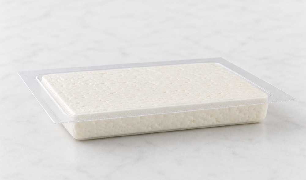 Feta-style dairy block in flexible thermoformed bottom web with clear lidding film