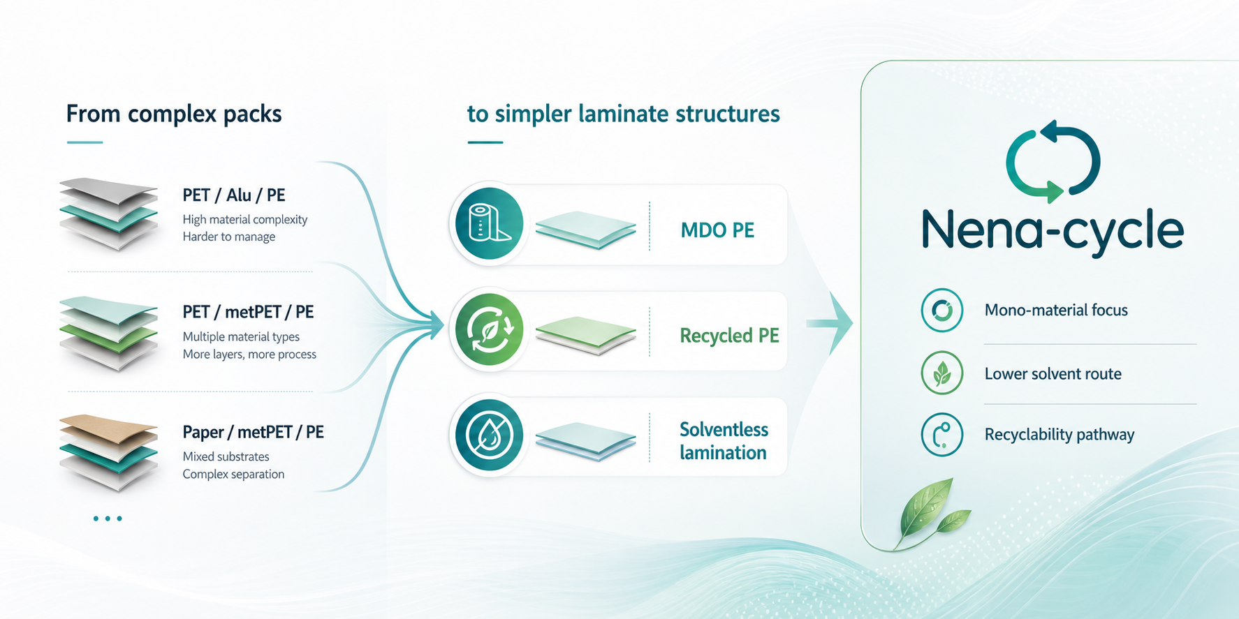 Nena-cycle infographic showing complex multi-material packs moving to MDO PE, recycled PE, and solventless lamination options