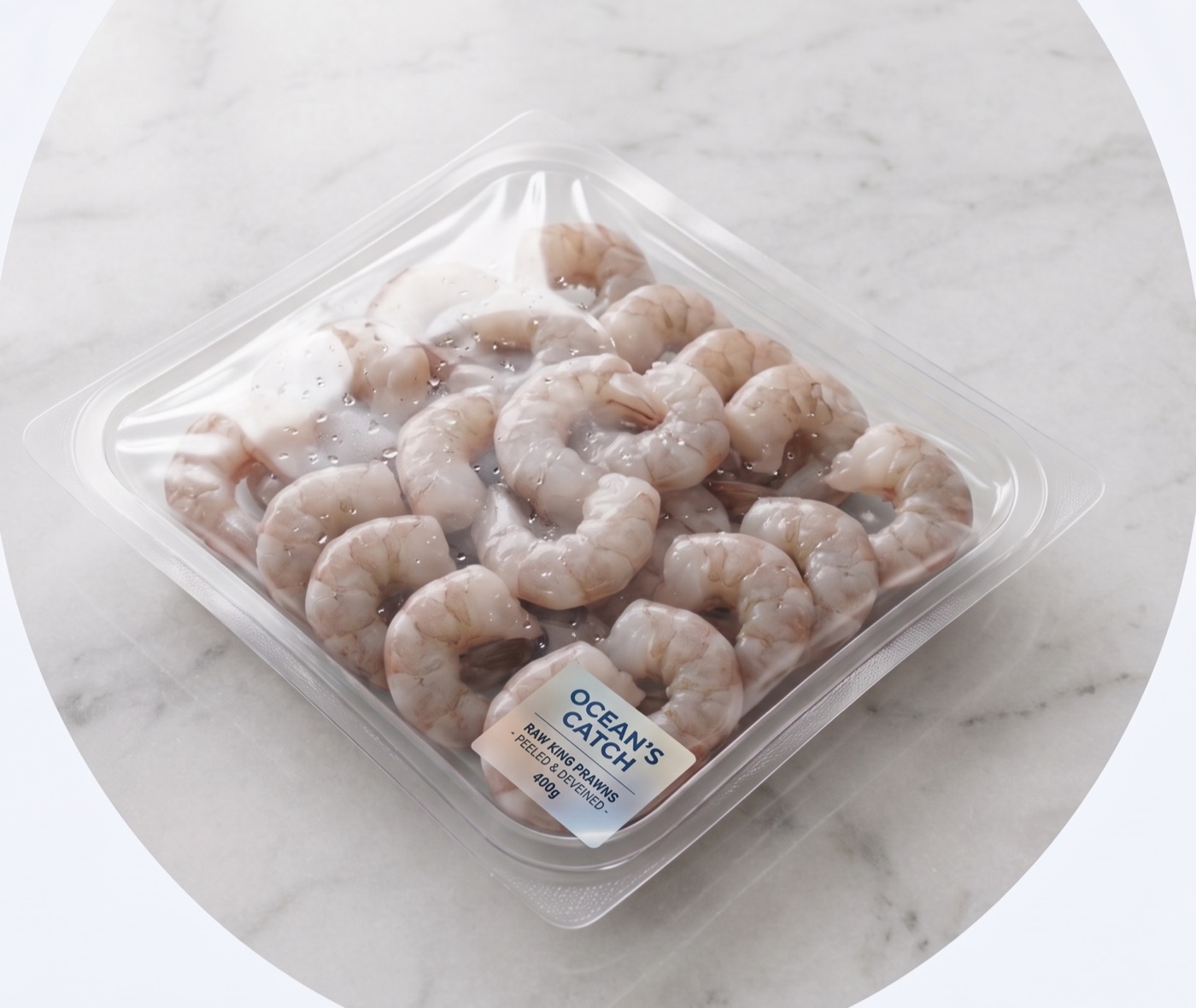 Prawns packed in a clear flexible thermoformed seafood pack