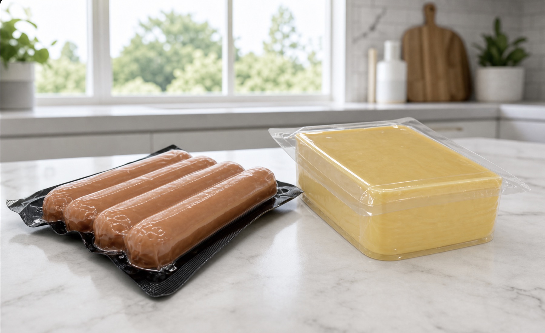 Sausage and cheese packs made with flexible thermoforming bottom film