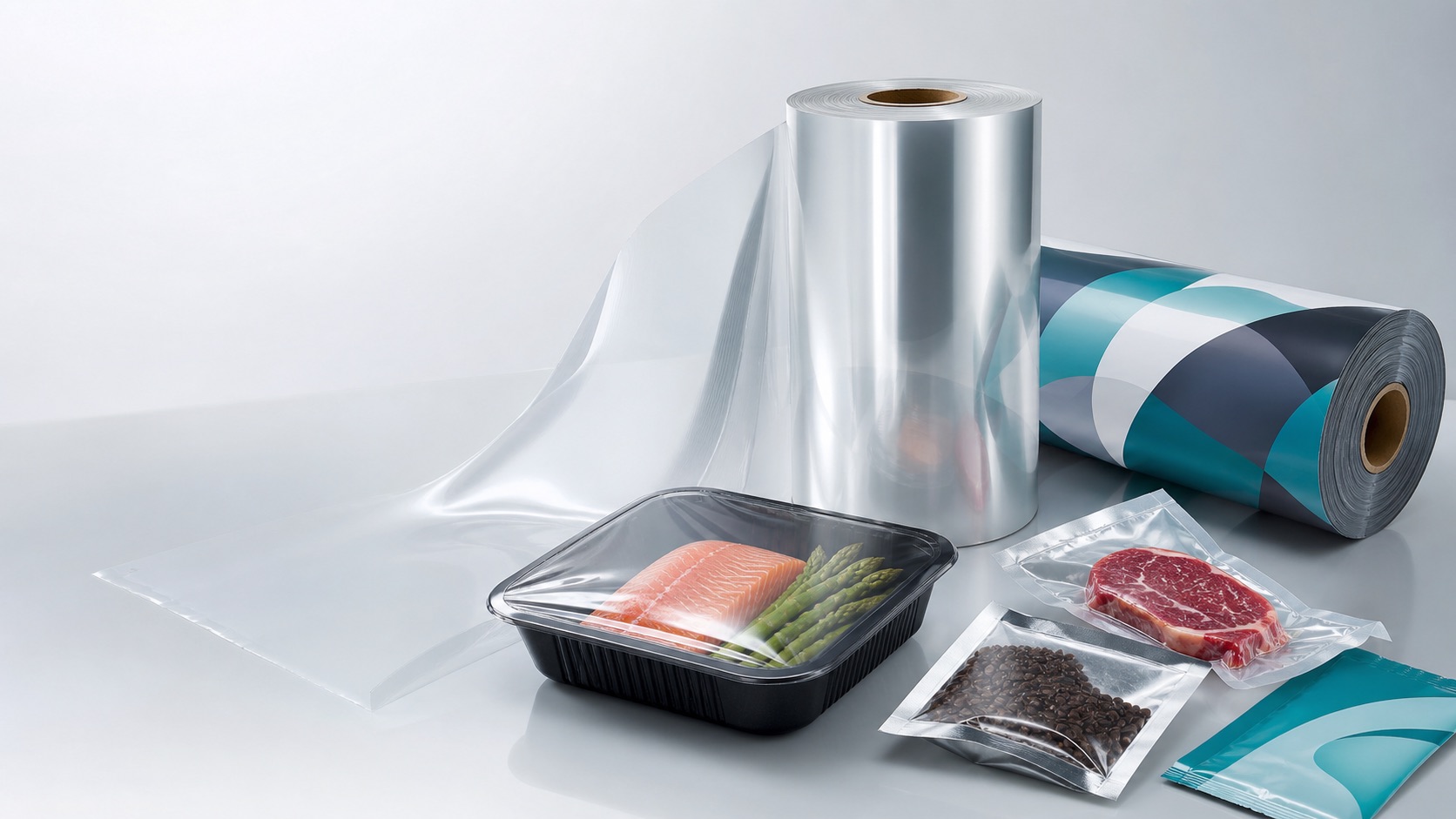 Flexible packaging film rolls, sealed trays, and pouch samples