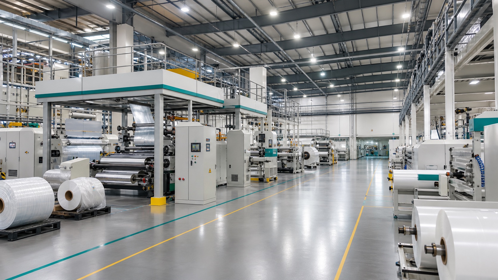 AI-rendered overview of a clean flexible packaging production support facility