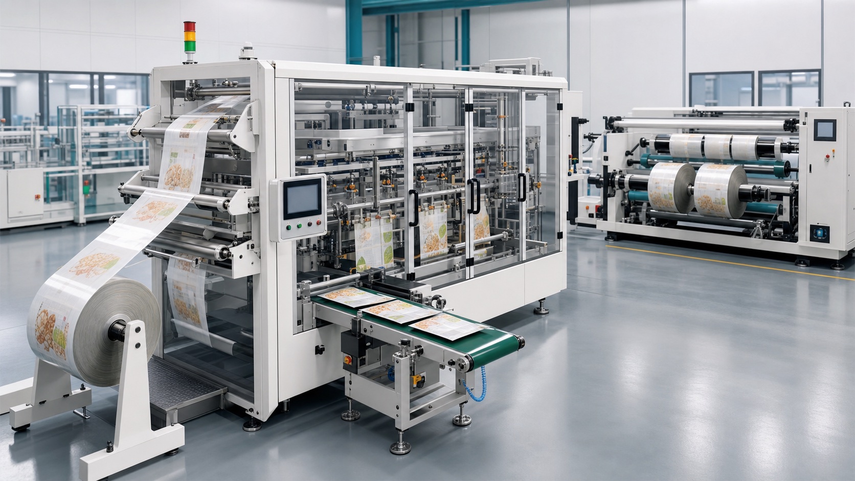 AI-rendered pouching and slitting machine for flexible packaging converting support