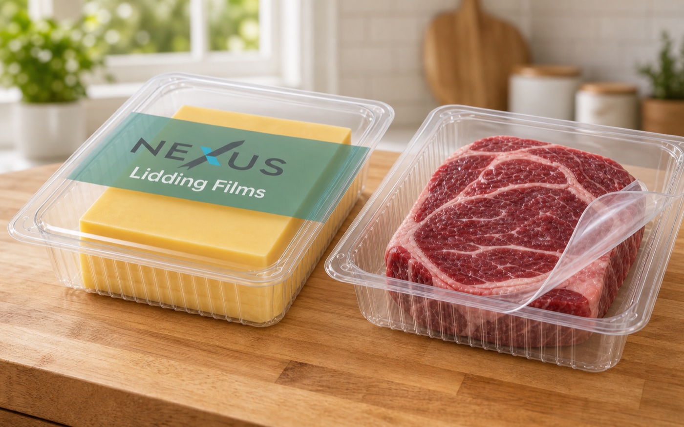 Printed Nexus lidding film on cheese tray and clear peelable lidding film on rib-eye steak tray