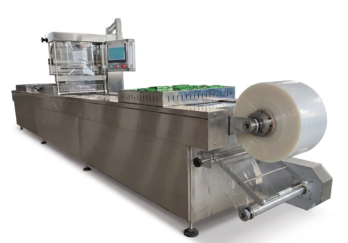 Rigid laminated film process visual with roll-mounted tray-forming machine for Multivac, ULMA, Webomatic, and similar thermoforming lines