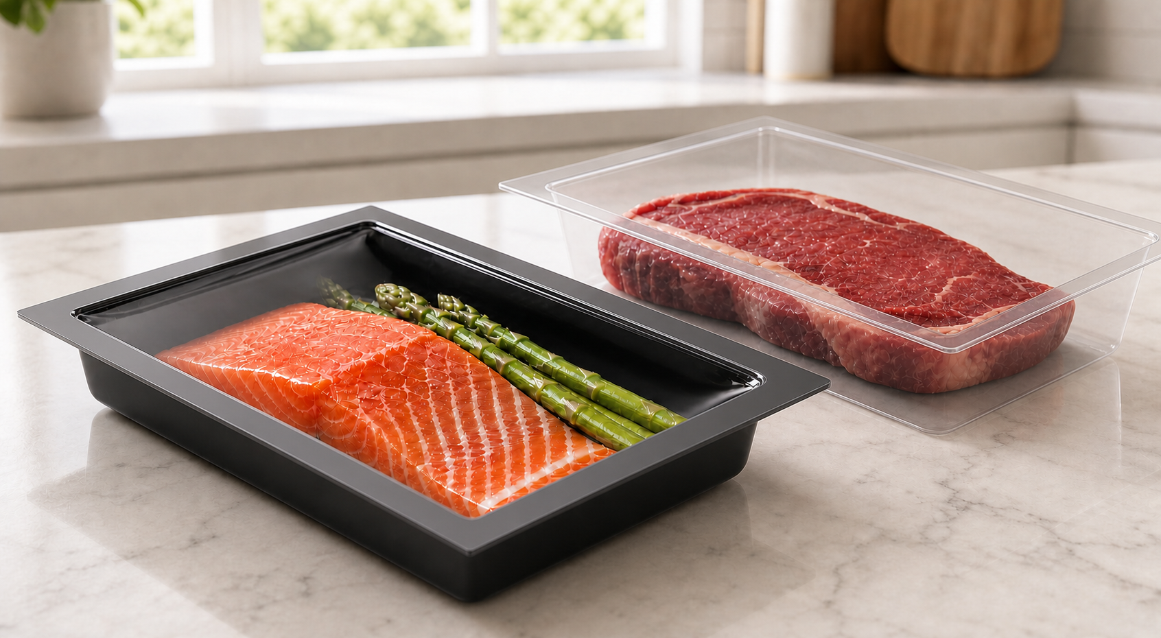 Rigid thermoformed trays with salmon and red meat applications in smooth-wall tray formats
