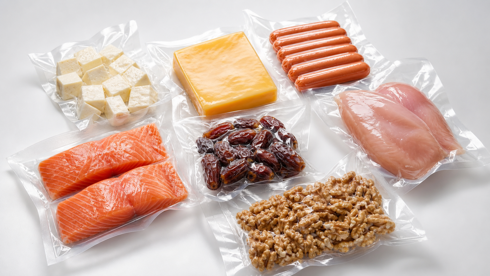 Clear vacuum pouches for dairy, meats, seafood, dates, and walnut kernels