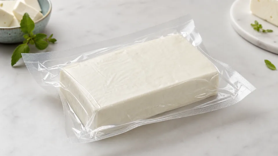 Solid paneer block in a clear vacuum pouch