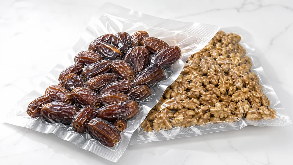 Dates and walnut kernels packed in clear vacuum pouches