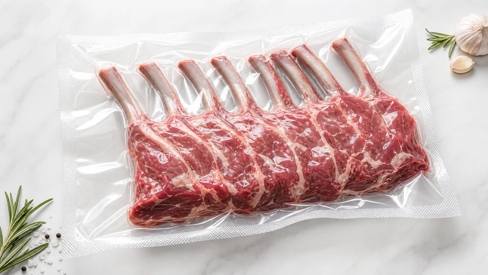 Natural rack of ribs packed in a clear vacuum pouch