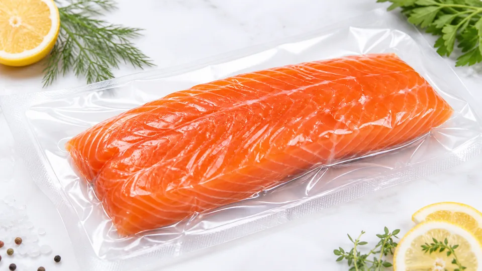 Bright salmon fillet packed in a clear vacuum pouch